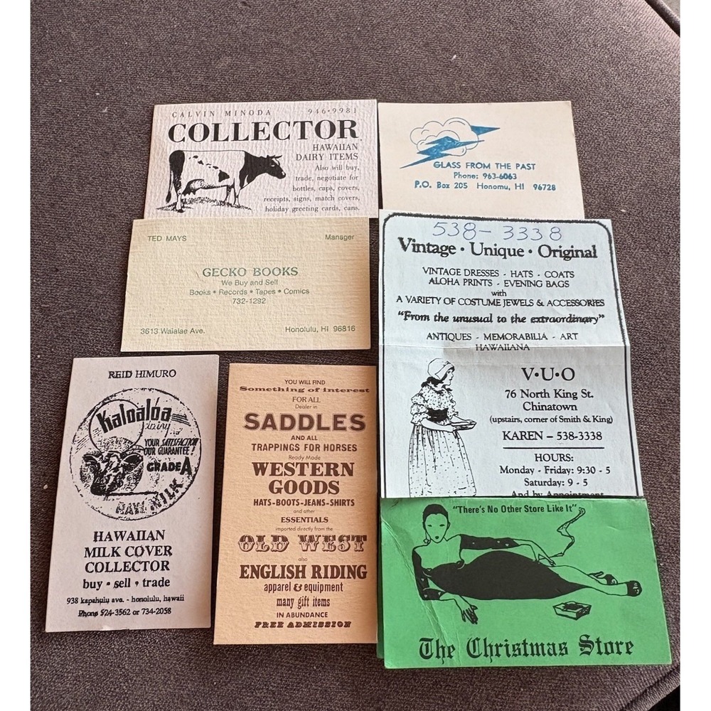 RAD! Vintage Lot 7 Collector Antique Store Business Cards Ephemera Hawaii DIY